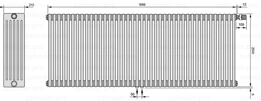 Схема (чертеж) Радиатор Zehnder Charleston 6250/41 №V008 Белый глянцевый RAL 9016